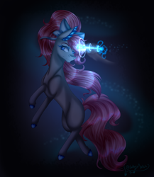 Size: 3250x3750 | Tagged: safe, artist:gabby-artista, oc, oc only, pony, unicorn, art trade, blue eyes, bubble, colored pupils, crepuscular rays, dark, digital art, ear fluff, eyelashes, female, flowing mane, flowing tail, glowing, glowing horn, high res, horn, magic, mare, ocean, pink mane, pink tail, ribbon, signature, solo, speedpaint, swimming, tail, underwater, water