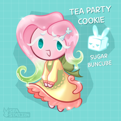 Size: 2000x2000 | Tagged: safe, artist:seasemissary, angel bunny, fluttershy, human, g4, clothes, cookie run, cookiefied, dress, female, high res, humanized, sugarcube
