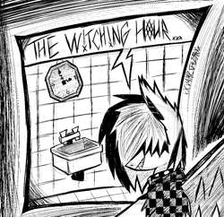 Size: 1010x979 | Tagged: safe, artist:xxv4mp_g4z3rxx, oc, oc only, oc:violet valium, bat pony, pony, 3am, bat pony oc, bathroom, black and white, clock, clothes, emo, female, grayscale, hair covering face, hoodie, mare, monochrome, sharp teeth, signature, sink, smiling, solo, speech bubble, spread wings, teeth, wings