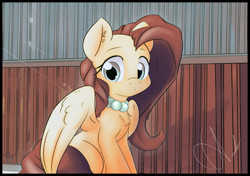 Size: 2073x1462 | Tagged: safe, artist:ando, fluttershy, pegasus, pony, g4, female, harbor, jewelry, mare, necklace, pearl necklace, sitting, solo, wall