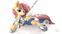 Size: 1920x1080 | Tagged: safe, artist:ando, fluttershy, pegasus, pony, g4, armor, hoof shoes, lying down, polearm, prone, simple background, solo, weapon, white background