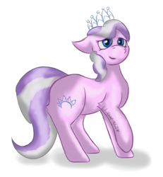 Size: 922x1000 | Tagged: safe, artist:lil_vampirecj, diamond tiara, earth pony, pony, g4, blue eyes, female, filly, foal, full body, fully shaded, jewelry, mare, pink body, purple mane, purple tail, simple background, smiling, solo, tail, tiara, white background