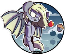 Size: 2600x2000 | Tagged: safe, artist:ronin20181, derpy hooves, bat pony, pony, g4, apple, bat ponified, derpybat, flying, food, high res, muffin, race swap, simple background, solo, transparent background