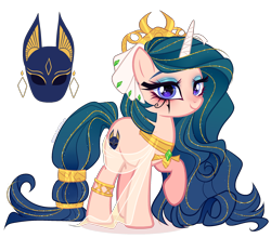 Size: 2592x2282 | Tagged: safe, artist:gihhbloonde, oc, oc only, pony, unicorn, anklet, base used, blue eyes, crown, eye of horus, eyeshadow, female, headdress, high res, horn, horn wrap, jewelry, looking at you, magical lesbian spawn, makeup, mare, offspring, parent:rarity, parent:somnambula, peytral, purple eyes, raised hoof, regalia, simple background, smiling, solo, sparkly mane, sparkly tail, tail, transparent background, unicorn oc