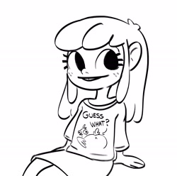 Size: 2621x2597 | Tagged: safe, artist:tjpones, apple bloom, bird, chicken, human, g4, black and white, butt, clothes, female, freckles, grayscale, high res, humanized, monochrome, shirt, simple background, simplistic cloaca, sketch, solo, white background