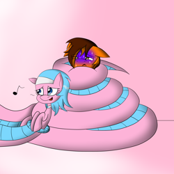 Size: 2000x2000 | Tagged: safe, artist:lunahazacookie, aloe, oc, oc:mercfox, earth pony, lamia, pony, g4, coils, earth pony oc, female, gradient background, high res, lamiafied, male, mare, music notes, smiling, species swap, stallion, sweat