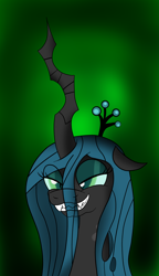 Size: 1024x1776 | Tagged: safe, artist:lunahazacookie, queen chrysalis, changeling, changeling queen, g4, bust, colored, crown, evil smile, eye clipping through hair, female, grin, jewelry, regalia, smiling, solo