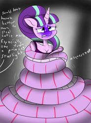 Size: 2000x2700 | Tagged: safe, artist:lunahazacookie, starlight glimmer, twilight sparkle, lamia, original species, unicorn, anthro, g4, coils, constriction, female, high res, mare, s5 starlight, sweat, tail, tail wrap, wrapped up