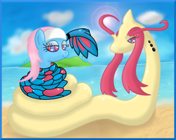 Size: 2709x2156 | Tagged: safe, artist:kinipharian, lotus blossom, earth pony, milotic, pony, g4, beach, coils, crossover, duo, female, high res, hypno eyes, kaa eyes, mare, outdoors, pokémon, smiling