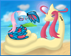 Size: 2709x2156 | Tagged: safe, artist:kinipharian, lotus blossom, earth pony, milotic, pony, g4, beach, coils, crossover, duo, female, high res, hypno eyes, hypnosis, kaa eyes, mare, outdoors, pokémon, smiling, tail, tail wrap, wrapped up