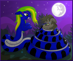 Size: 3056x2556 | Tagged: safe, artist:kinipharian, oc, oc only, hengstwolf, lamia, original species, pony, werewolf, angry, coils, duo, forest, full moon, gritted teeth, high res, mare in the moon, moon, night, outdoors, stars, teeth