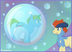 Size: 4459x3212 | Tagged: safe, artist:kinipharian, oc, keldeo, pony, unicorn, abstract background, bubble, crossover, duo, horn, mythical pokémon, pokémon, unicorn oc