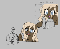 Size: 877x708 | Tagged: safe, artist:kabayo, oc, oc only, oc:anon, oc:meggy, earth pony, human, pony, aggie.io, clipboard, clothes, female, gray background, human male, human oc, lab coat, looking at each other, looking at someone, macro, male, mare, open mouth, scientist, simple background, smiling, sweat