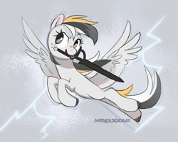Size: 1500x1200 | Tagged: safe, artist:anotherdeadrat, oc, oc only, oc:storm cloud river's, pegasus, pony, female, flying, freckles, full body, heterochromia, lightning, looking up, mare, mouth hold, multicolored mane, multicolored tail, pegasus oc, smiling, solo, spread wings, sword, tail, weapon, wings