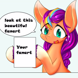 Size: 4096x4096 | Tagged: safe, artist:zemlya, sunny starscout, earth pony, pony, g5, coat markings, eye clipping through hair, female, hoof hold, looking at something, mare, meme template, open mouth, open smile, simple background, smiling, socks (coat markings), sparkles, speech bubble, subtitles, template, text, white background