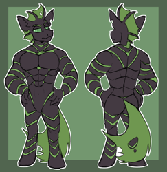 Size: 970x1000 | Tagged: safe, artist:rockin_candies, oc, oc only, oc:villainshima, hybrid, anthro, anthro oc, ass, barbie doll anatomy, butt, featureless crotch, full body, green changeling, muscles, reference sheet, simple background, solo, standing