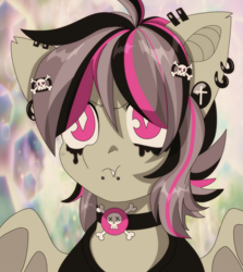 Size: 2500x2800 | Tagged: safe, artist:etoz, oc, oc only, oc:gravel shine, bat pony, pony, '90s, 90s anime, angry, bat pony oc, bat wings, bust, choker, clothes, collar, cute, ear piercing, earring, emo, eyebrows, fangs, goth, high res, jewelry, makeup, male, piercing, portrait, retro, shirt, stallion, style emulation, t-shirt, tsundere, white pupils, wings