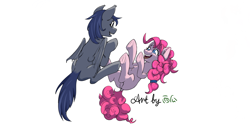 Size: 4000x2000 | Tagged: safe, artist:melonlicious, pinkie pie, oc, oc:somepony, bat pony, earth pony, pony, g4, bat pony oc, bat wings, blue eyes, blue hair, canon x oc, duo, female, hooves, jumping, laughing, lying down, male, nightpony, pink hair, pink skin, playing, shipping, simple background, straight, white background, wings
