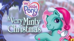 Size: 1280x720 | Tagged: safe, minty, earth pony, pony, a very minty christmas, g3, christmas, hat, holiday, looking at you, my little pony logo, santa hat, smiling, tree