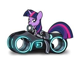 Size: 1750x1320 | Tagged: safe, artist:theuser, twilight sparkle, alicorn, pony, g4, bodysuit, clothes, disney, lightcycle, looking at you, mouth hold, simple background, smiling, smiling at you, solo, tron, tron legacy, twilight sparkle (alicorn), white background