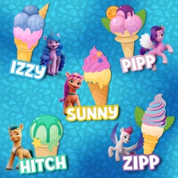 Size: 526x526 | Tagged: safe, hitch trailblazer, izzy moonbow, pipp petals, sunny starscout, zipp storm, earth pony, pegasus, pony, unicorn, g5, official, blue background, facebook, female, food, ice cream, male, mane five, mare, simple background, stallion