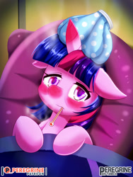 Size: 900x1200 | Tagged: safe, artist:phoenixperegrine, twilight sparkle, alicorn, pony, ail-icorn, g4, interseason shorts, backwards thermometer, bed, blushing, floppy ears, red nosed, scene interpretation, screencap reference, sick, sicklight sparkle, solo, thermometer, twilight sparkle (alicorn)