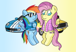 Size: 3509x2372 | Tagged: safe, artist:sparkfler85, derpibooru exclusive, fluttershy, rainbow dash, pegasus, pony, g4, car, clothes, dodge (car), dodge charger, female, ford, ford gt, gradient background, high res, jacket, rainbow dash always dresses in style, sunglasses, sweater, vehicle