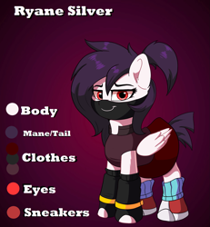 Size: 1681x1822 | Tagged: safe, artist:joaothejohn, oc, oc only, oc:ryane silver, pegasus, pony, clothes, commission, cute, looking at you, mask, palindrome get, pegasus oc, reference sheet, shoes, simple background, sneakers, text, wings