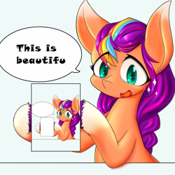 Size: 4096x4096 | Tagged: safe, artist:zemlya, sunny starscout, earth pony, pony, g5, coat markings, droste effect, eye clipping through hair, female, hoof hold, looking at something, mare, meme template, misspelling, open mouth, open smile, recursion, simple background, smiling, socks (coat markings), sparkles, speech bubble, subtitles, template, text, white background