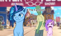 Size: 2048x1198 | Tagged: safe, artist:andley, misty brightdawn, pipp petals, oc, oc:anon, human, pegasus, pony, unicorn, g5, my little pony: make your mark, blurry background, crying, curly hair, distracted, distracted boyfriend meme, female, funny, funny as hell, jealous, male, mare, maretime bay, meme
