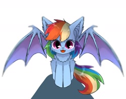 Size: 1943x1524 | Tagged: safe, artist:namaenonaipony, rainbow dash, bat pony, pony, g4, bat ponified, bat wings, cute, cute little fangs, dashabetes, fangs, female, fluffy, looking at you, mare, open mouth, race swap, rainbowbat, simple background, solo, spread wings, white background, wings