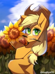 Size: 1536x2048 | Tagged: safe, artist:mugitya012, applejack, earth pony, pony, g4, applejack's hat, bust, cowboy hat, female, flower, hat, looking at you, mare, mouth hold, outdoors, solo, sunflower