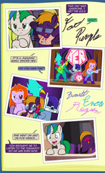Size: 1920x3168 | Tagged: safe, artist:alexdti, oc, oc:purple creativity, oc:star logic, earth pony, griffon, pegasus, pony, unicorn, comic:quest for friendship, bipedal, bowtie, chest fluff, clothes, comic, crossed hooves, dialogue, electric guitar, eyes closed, female, glasses, grin, guitar, high res, hoof hold, horn, lidded eyes, male, mare, musical instrument, nose in the air, open mouth, open smile, pegasus oc, ponified, shirt, smiling, speech bubble, spread wings, stallion, two toned mane, unicorn oc, wings