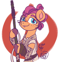 Size: 1000x1000 | Tagged: safe, artist:erynerikard, sunny starscout, earth pony, pony, g5, my little pony: a new generation, alternate hairstyle, arm wraps, belt, bo staff, clothes, cosplay, costume, crossover, digital art, freckles, rey, simple background, solo, star wars, star wars: the force awakens