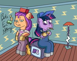 Size: 3509x2800 | Tagged: safe, artist:sparkfler85, sunny starscout, twilight sparkle, earth pony, pony, unicorn, g4, g5, alternative cutie mark placement, angry, clothes, dire straits, electric guitar, female, g4 to g5, generation leap, gloves, guitar, hat, high res, lamp, money for nothing, mtv, musical instrument, overalls, parody, pencil, reference, sitting, song reference, television