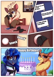 Size: 2100x3000 | Tagged: safe, artist:shadowreindeer, princess luna, velvet (tfh), oc, oc:kevin reindeer, alicorn, android, deer, pony, reindeer, robot, them's fightin' herds, g4, birthday, bow, cake, candle, cellphone, cloven hooves, community related, connor luna, deer oc, detroit: become human, dialogue, food, high res, non-pony oc, painting, phone, phone screen, reindeer oc, rk900, smartphone
