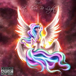Size: 1400x1400 | Tagged: safe, artist:stepandy, princess celestia, alicorn, pony, seraph, seraphicorn, g4, abstract background, album cover, brony music, floating, looking up, multiple wings, open mouth, solo, spread wings, wings