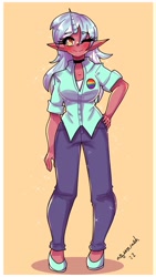 Size: 1329x2360 | Tagged: safe, artist:mylittleyuri, lyra heartstrings, human, g4, badge, blushing, choker, clothes, dark skin, denim, elf ears, female, flats, gay pride flag, horn, horned humanization, humanized, jeans, one eye closed, pants, pride, pride flag, shirt, shoes, simple background, solo, wink, yellow background
