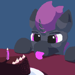 Size: 1024x1024 | Tagged: safe, artist:vohd, oc, oc only, oc:vanrubex, pony, unicorn, animated, cake, dish, food, gif, pixel art, solo, table, tongue out