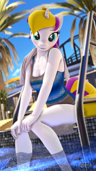 Size: 1080x1920 | Tagged: safe, artist:anthroponiessfm, oc, oc:sprinkles, unicorn, anthro, 3d, anthro oc, blushing, breasts, clothes, cute, female, horn, looking at you, one-piece swimsuit, smiling, source filmmaker, swimming pool, swimsuit, towel, unicorn oc