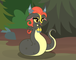 Size: 2424x1910 | Tagged: safe, artist:badumsquish, derpibooru exclusive, oc, oc only, hybrid, monster pony, ophiotaurus, original species, pony, snake, snake pony, g4, eyeshadow, fangs, female, floppy ears, forest, forked tongue, horns, interspecies offspring, lidded eyes, long tongue, looking at you, makeup, mare, offspring, open mouth, open smile, parent:fluttershy, parent:ophiotaurus, raised hooves, show accurate, smiling, solo, tongue out, unshorn fetlocks, yellow sclera