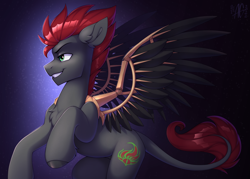 Size: 4305x3075 | Tagged: safe, artist:argigen, oc, oc:tan-dreamstiller, pegasus, pony, artificial wings, augmented, high res, male, mechanical wing, simple background, smiling, solo, wings