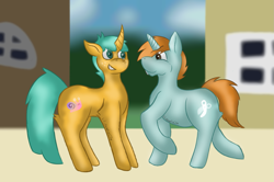 Size: 1505x1000 | Tagged: safe, artist:lil_vampirecj, snails, snips, pony, unicorn, g4, adult, best friends, looking at each other, looking at someone, meeting, pair, scene, smiling, smiling at each other