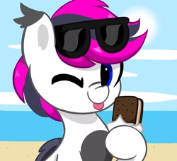 Size: 2048x1865 | Tagged: safe, artist:kittyrosie, oc, oc only, oc:lance, bat pony, pony, :p, beach, commission, ocean, one eye closed, solo, sunglasses, tongue out, water, wink