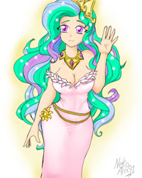 Size: 640x800 | Tagged: safe, artist:a.s.e, princess celestia, human, g4, bare shoulders, breasts, busty princess celestia, cleavage, clothes, ethereal mane, eye clipping through hair, female, humanized, jewelry, looking at you, regalia, simple background, solo, white background
