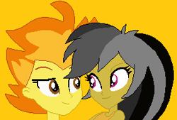 Size: 283x191 | Tagged: safe, artist:jadeharmony, artist:selenaede, daring do, spitfire, human, equestria girls, g4, base used, bust, daringfire, duo, equestria girls-ified, female, lesbian, looking at each other, looking at someone, orange background, picture for breezies, shipping, simple background