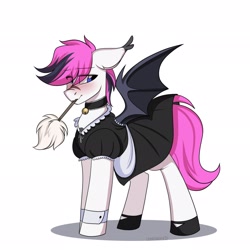 Size: 2048x2048 | Tagged: safe, artist:cottonaime, oc, oc only, oc:lance, bat pony, pony, bell, bell collar, clothes, collar, crossdressing, duster, high res, maid, male, simple background, solo, stallion, white background