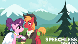 Size: 2064x1162 | Tagged: safe, artist:boneswolbach, artist:cheezedoodle96, artist:not-yet-a-brony, edit, big macintosh, sugar belle, earth pony, pony, unicorn, g4, 2022, august, clothes, dan + shay, dress, female, hat, husband and wife, lyrics in the description, male, mare, mountain, mountain range, ship:sugarmac, shipping, song reference, speechless, stallion, straight, suit, tree, youtube link in the description