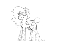 Size: 1600x1200 | Tagged: safe, artist:floof hoof, oc, oc only, oc:double stuff, pegasus, pony, ear piercing, female, glasses, looking at you, mare, monochrome, mottled coat, piercing, simple background, sketch, solo, spots, white background