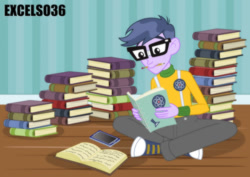 Size: 935x661 | Tagged: safe, artist:excelso36, part of a set, micro chips, human, equestria girls, g4, book, cellphone, clothes, converse, glasses, homework, male, pencil, phone, shoes, solo, studying